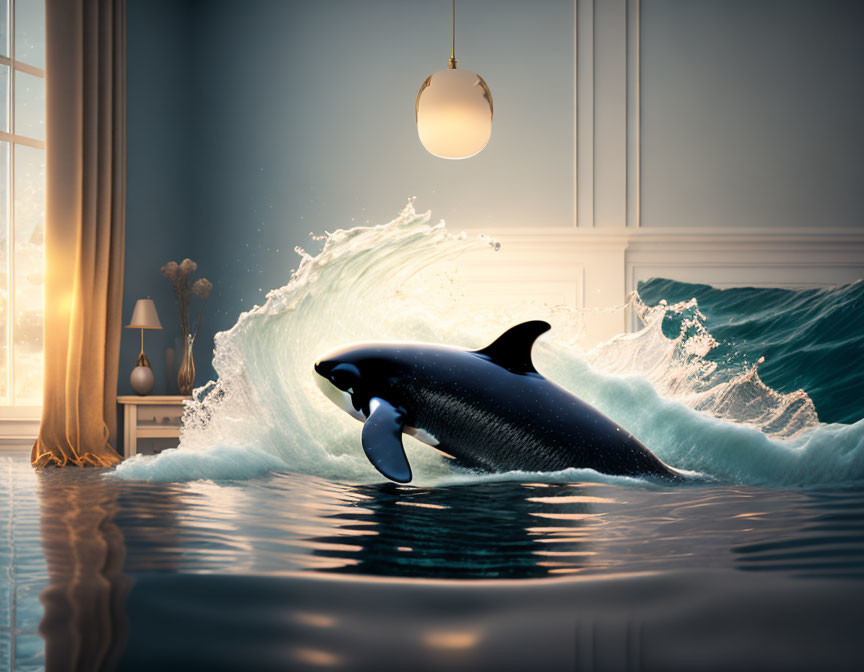 Orca whale breaching in room with classical decor and dusk view.