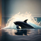 Orca whale breaching in room with classical decor and dusk view.