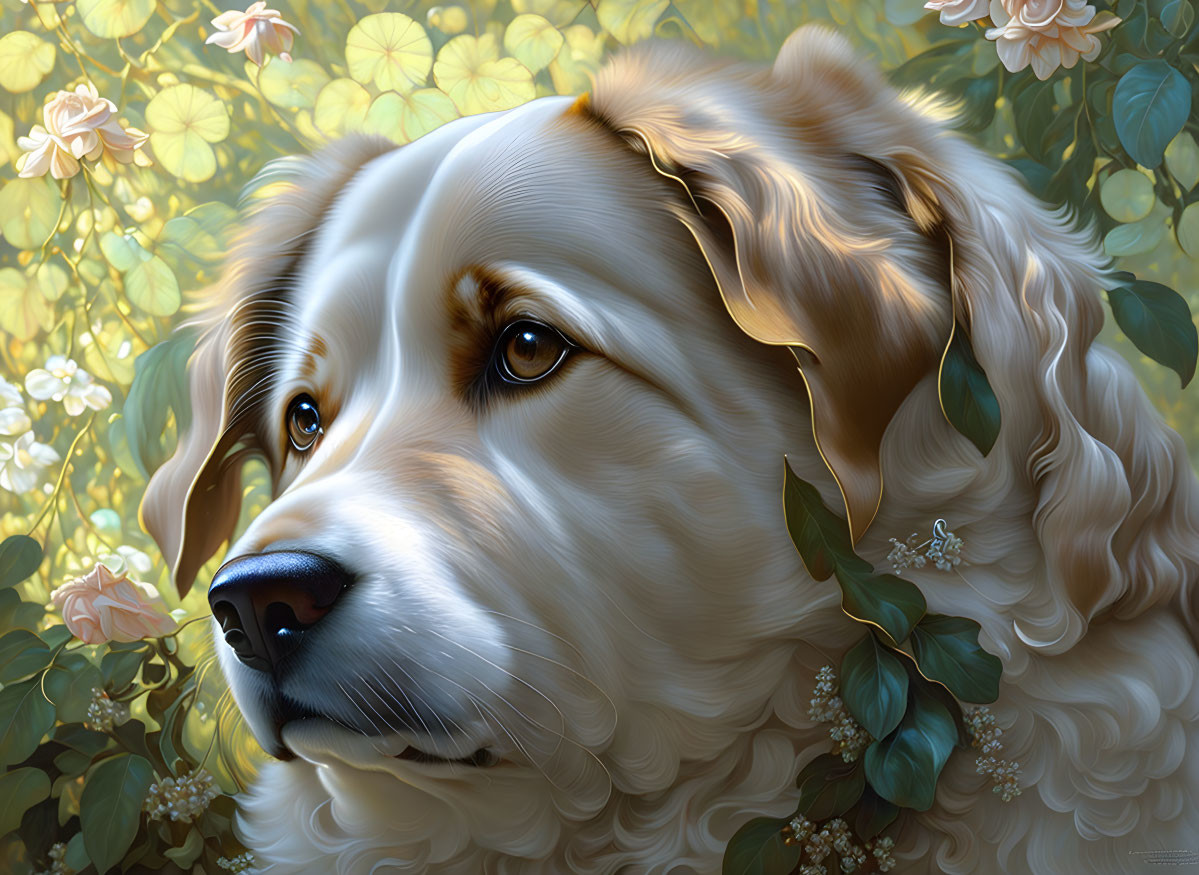 Detailed Golden Retriever Portrait Among Flowers and Foliage