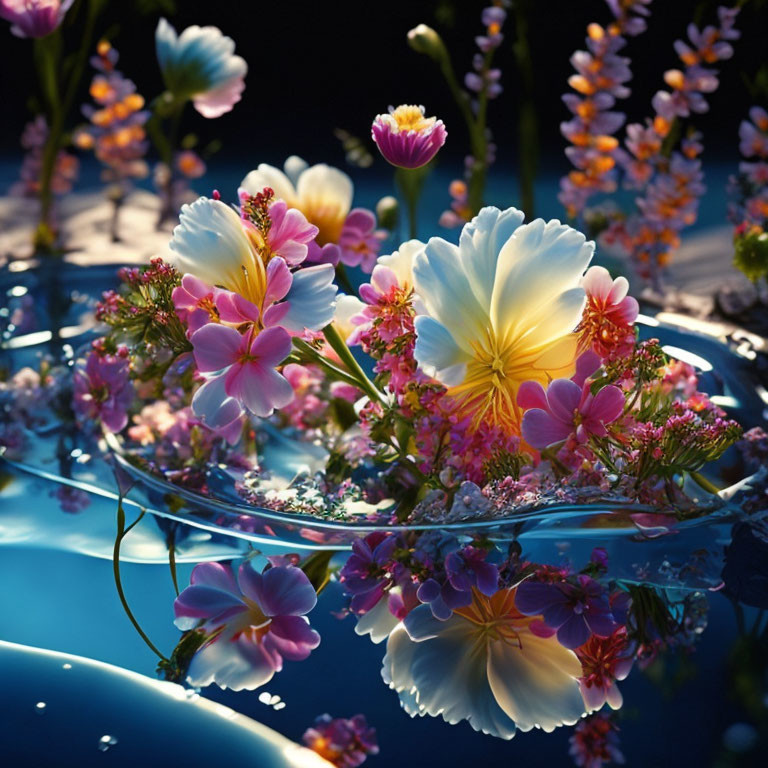 Colorful pink and yellow flowers in clear water under soft light on dark background