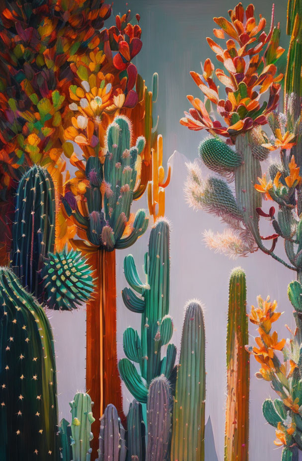 Colorful cacti and succulents in vibrant painting against gradient sky