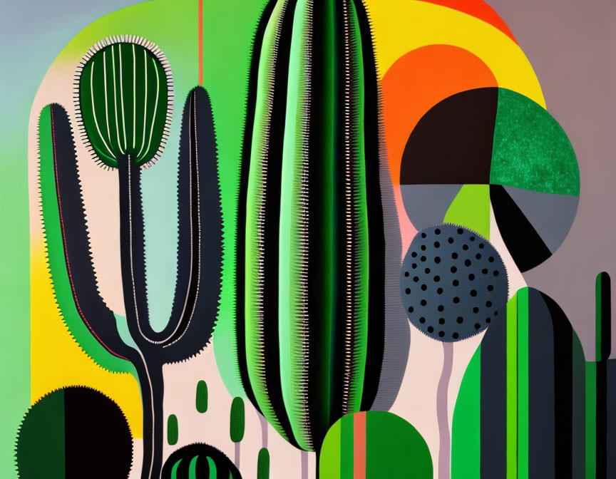 Colorful Abstract Painting: Stylized Cacti & Geometric Shapes