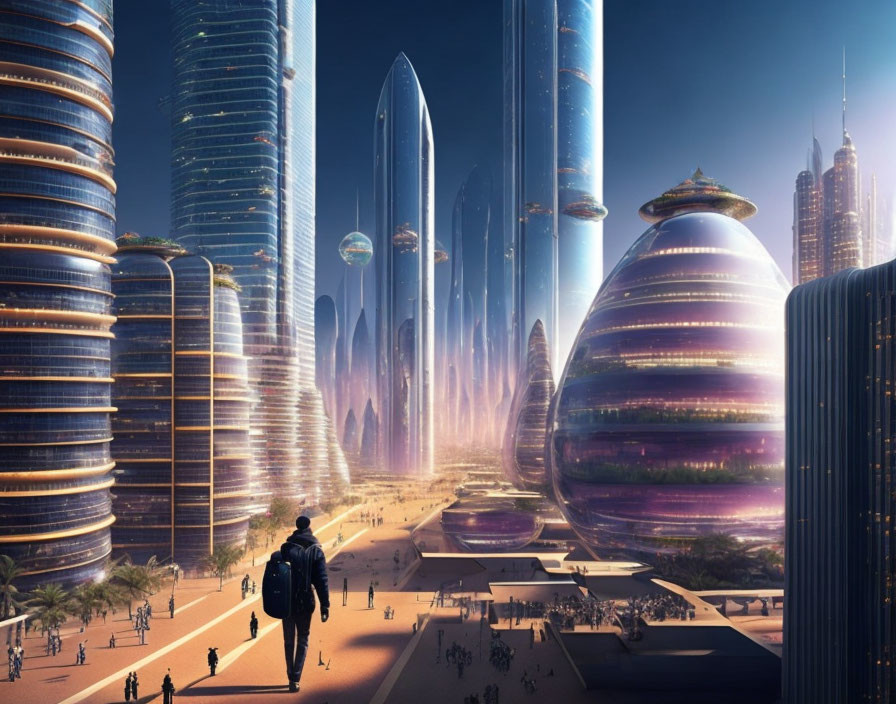 Person walking in futuristic city with skyscrapers and flying vehicles at twilight