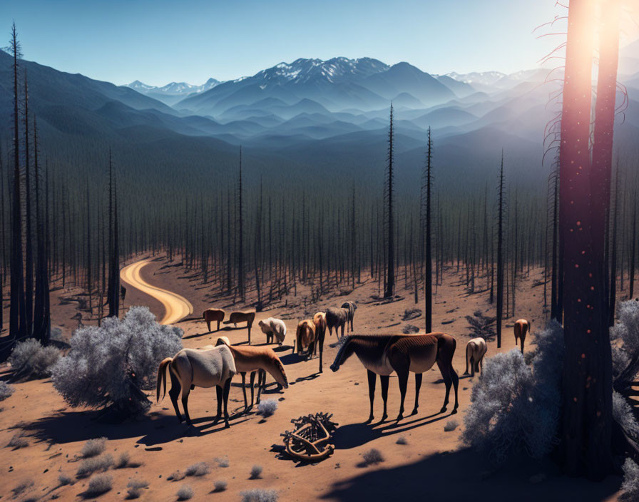 Horses grazing near winding road in vast landscape