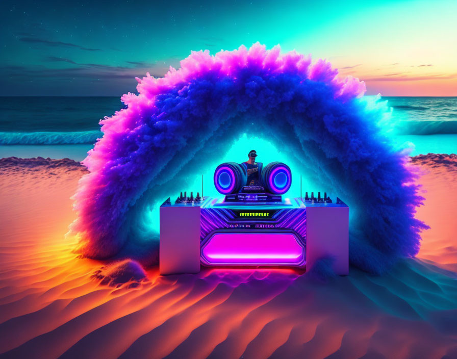 Vibrant DJ booth setup on beach with neon-lit arch at sunset