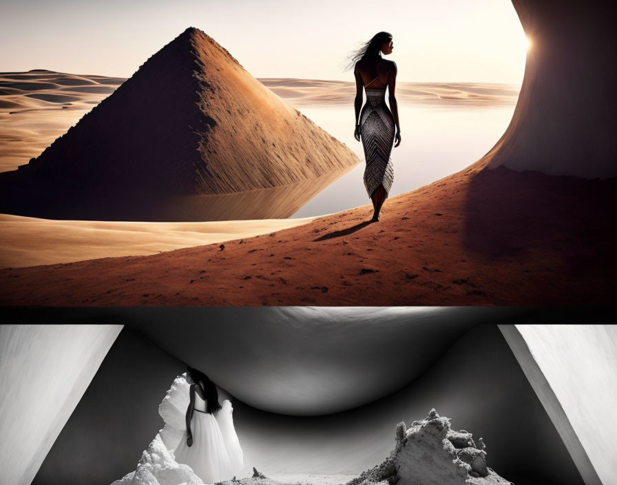 Desert landscape collages with towering sand dunes and women walking.