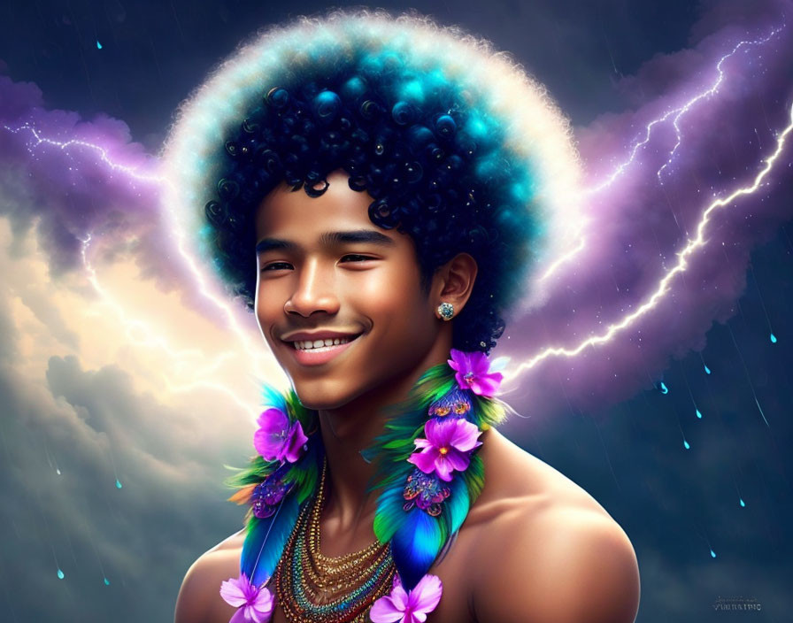 Vibrant afro merges with stormy sky, lightning and flowers.