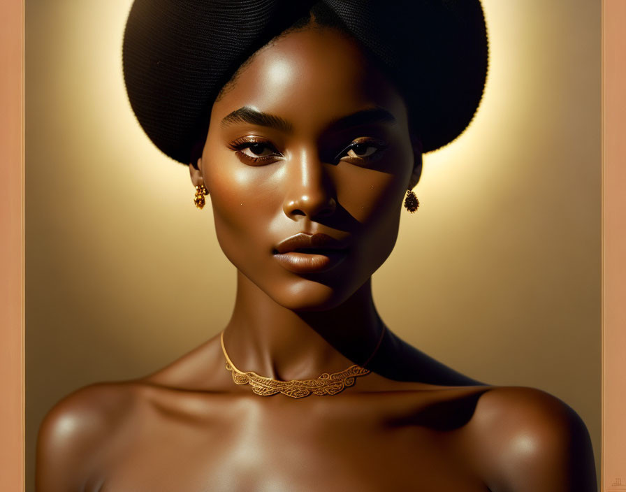 Woman with Glowing Skin, Gold Jewelry, and Black Head Wrap on Warm Background