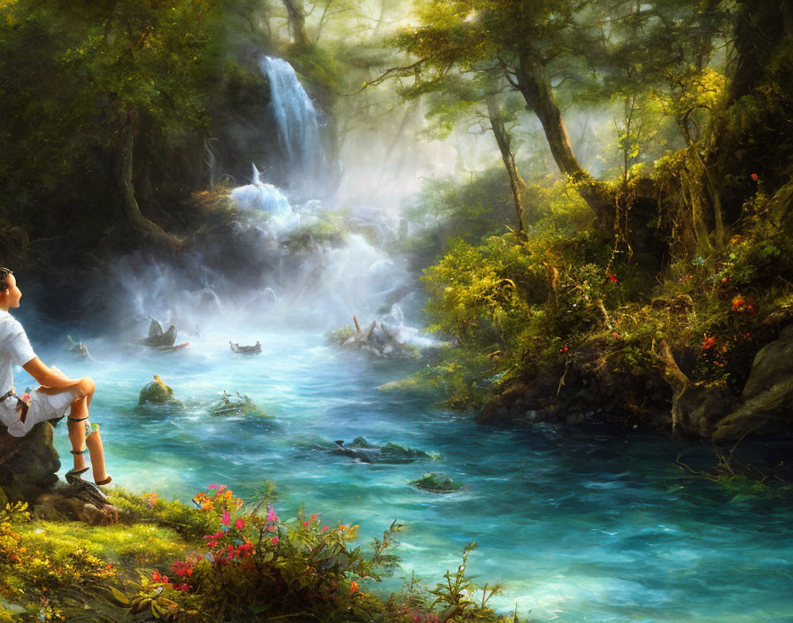 Person sitting on rock by turquoise river with waterfall and lush foliage