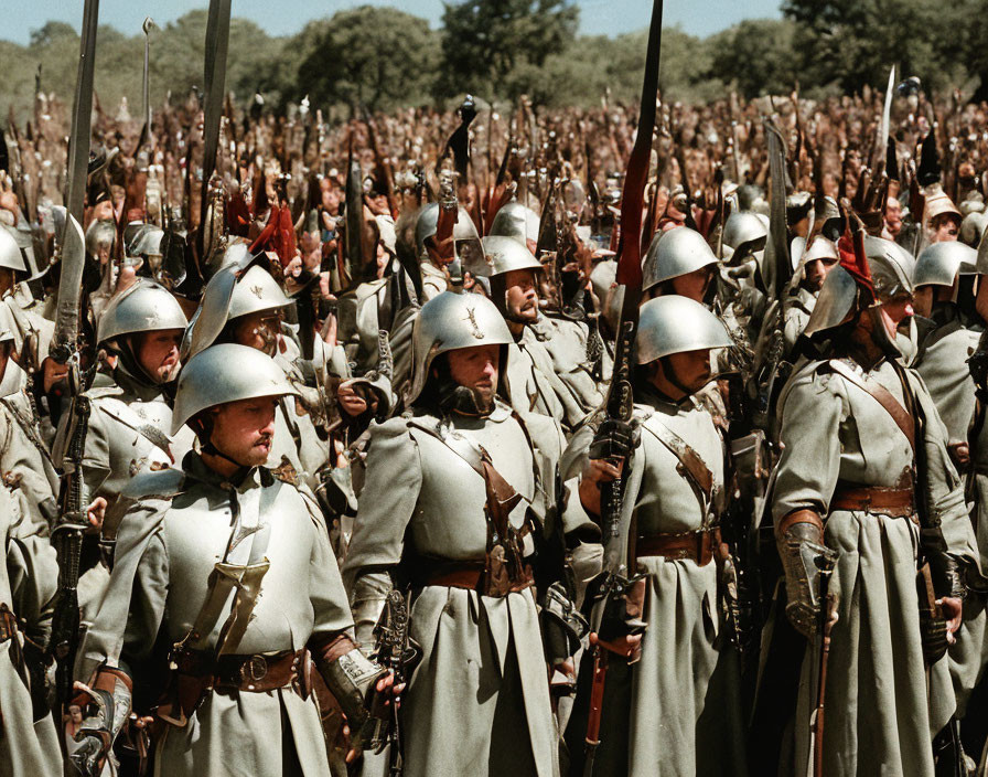 Medieval armored soldiers in formation with helmets and spears