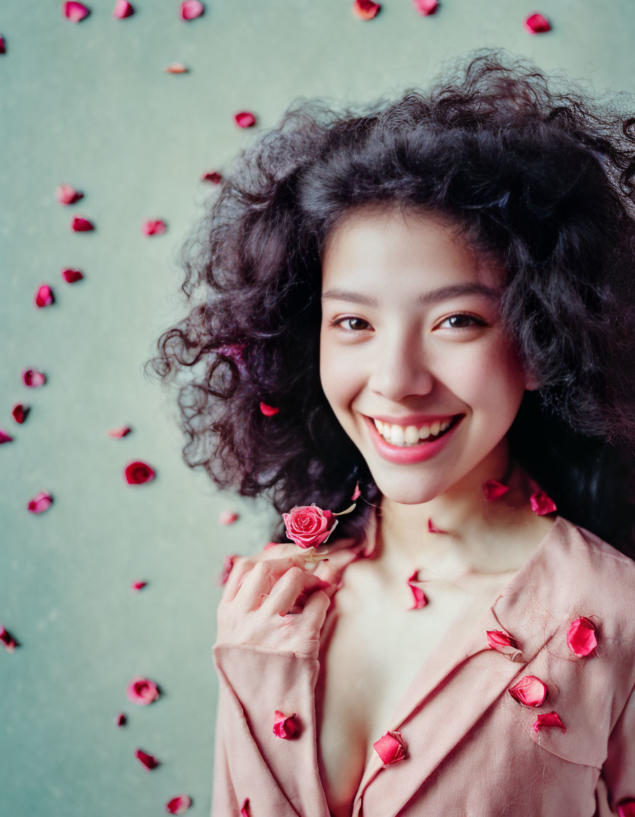 Curly-Haired Woman Holding Rose Surrounded by Petals on Green Background