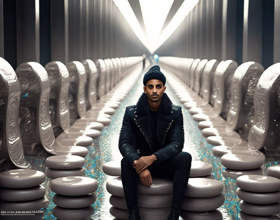 Confident man in futuristic hallway with sleek white chairs