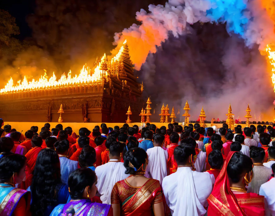 Traditional Attire Crowd Observes Temple with Flames and Colorful Smoke at Night