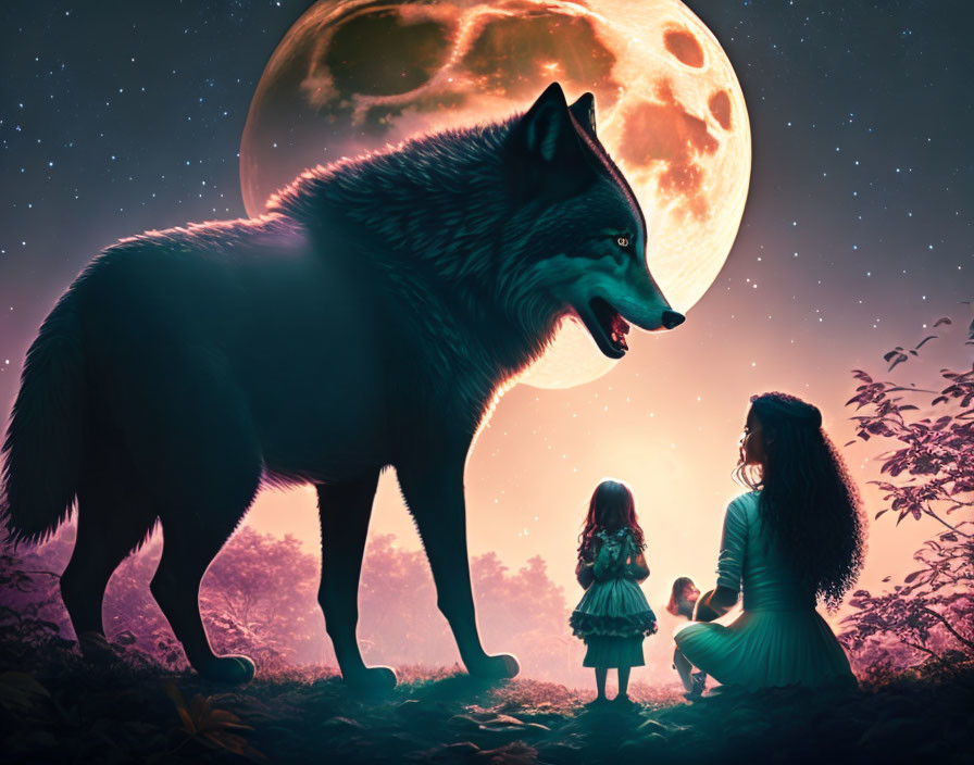 Two girls with a large wolf under a full moon in a dreamy landscape