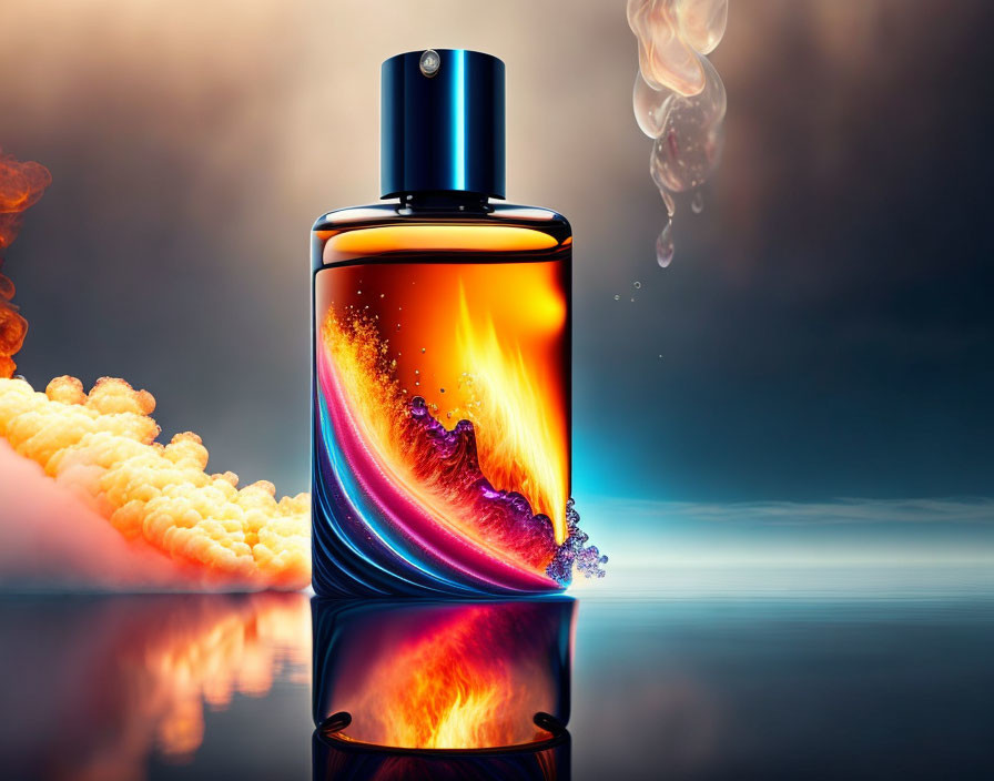 Colorful Cologne Bottle with Fiery Design on Reflective Surface