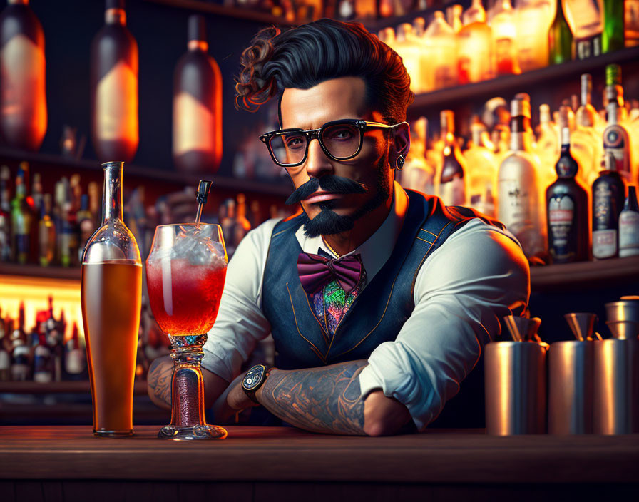 Bearded bartender in waistcoat and bow tie at bar