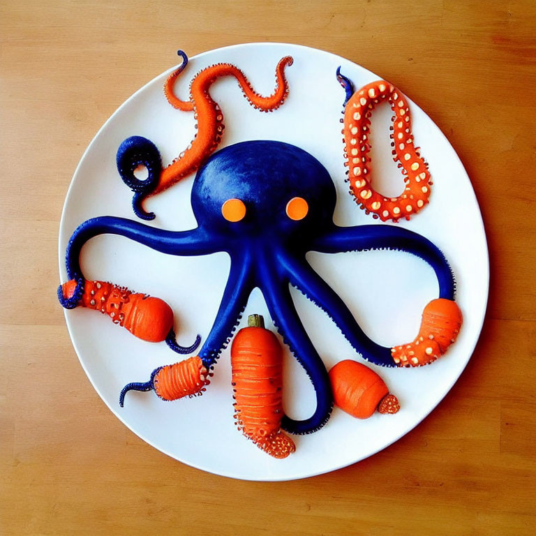 Octopus-Shaped Dark Fruit/Vegetable with Carrot Suckers on Plate