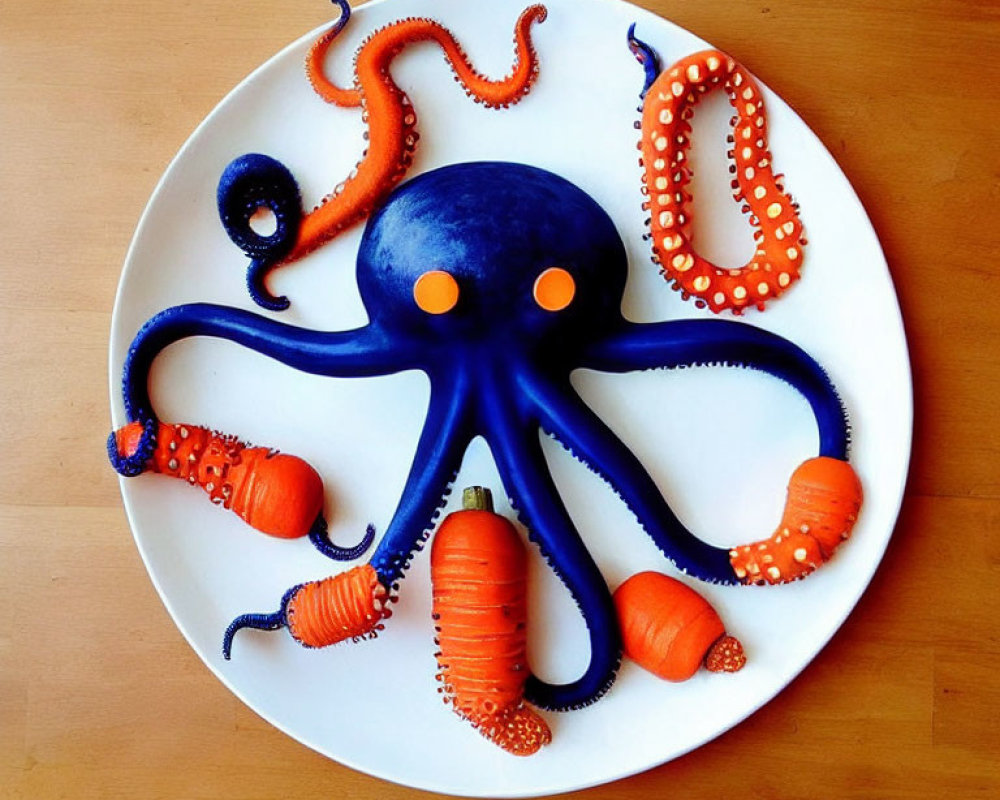 Octopus-Shaped Dark Fruit/Vegetable with Carrot Suckers on Plate