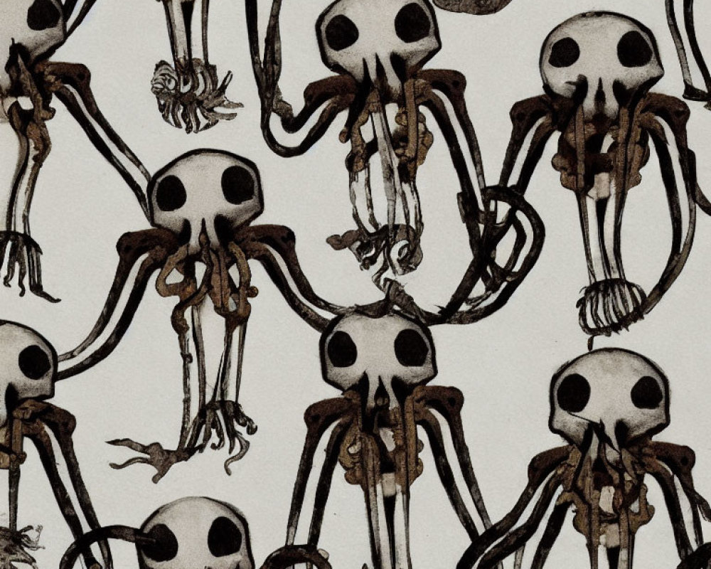 Illustrated Skull-headed Octopus Pattern on Beige Background