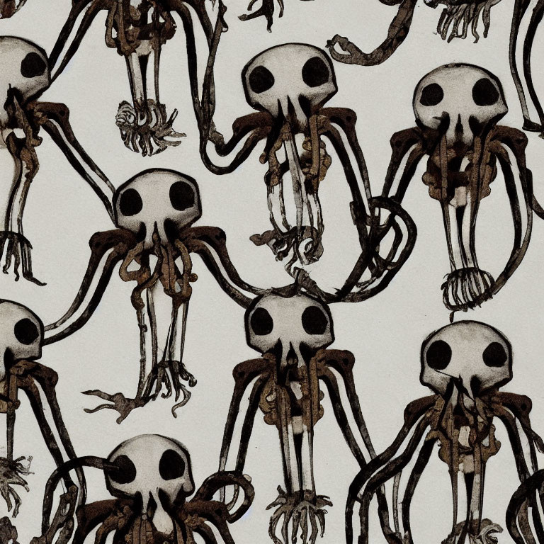 Illustrated Skull-headed Octopus Pattern on Beige Background