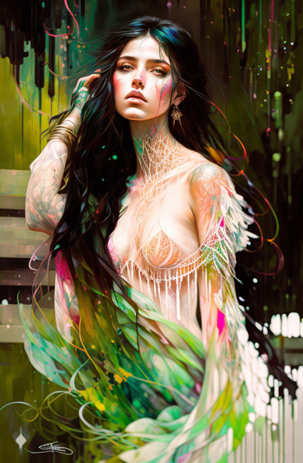 Digital painting of woman with long hair, colorful tattoos, white chest designs.