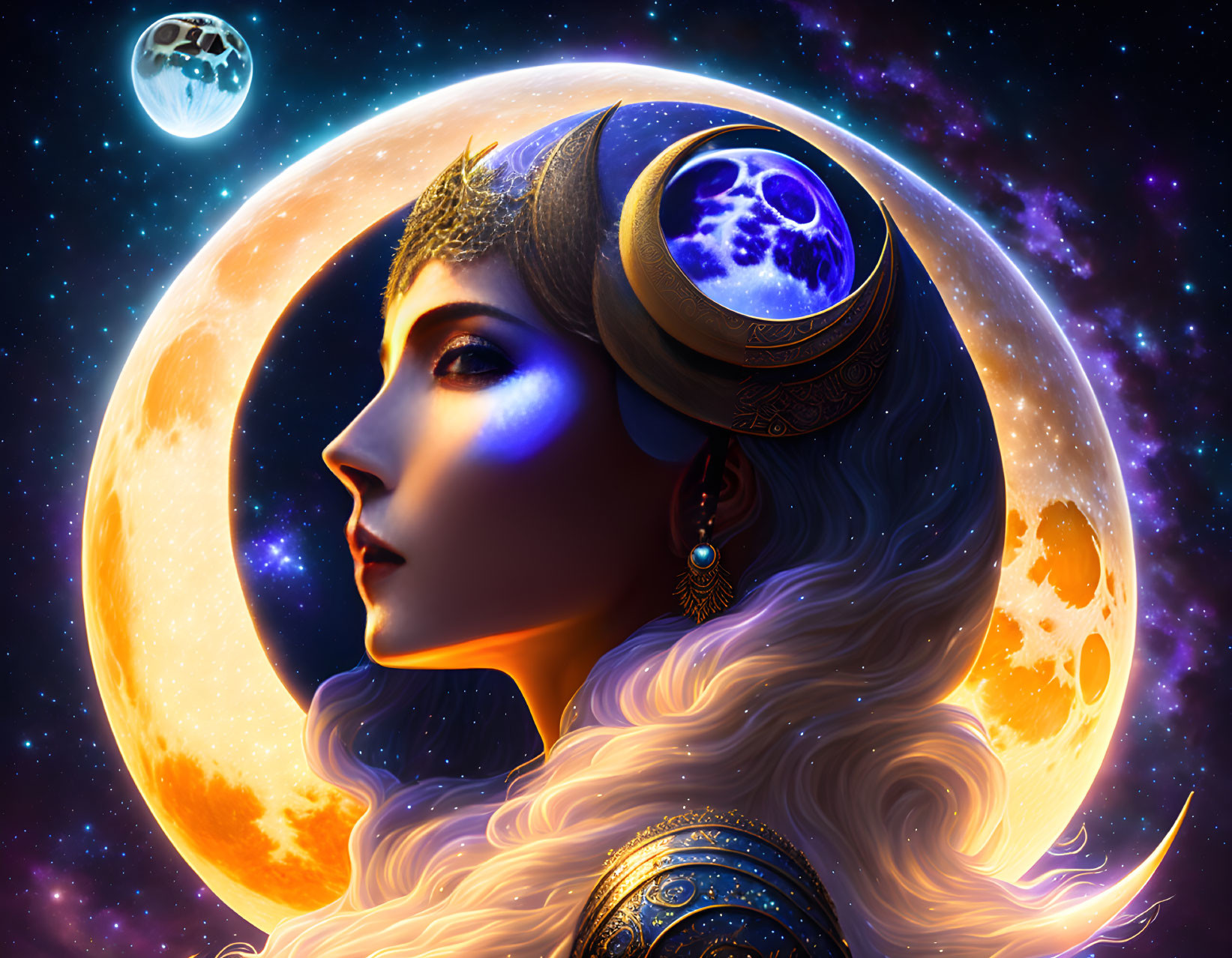 Cosmic-themed woman illustration with moons, stars, and celestial motifs.