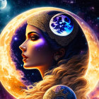 Cosmic-themed woman illustration with moons, stars, and celestial motifs.