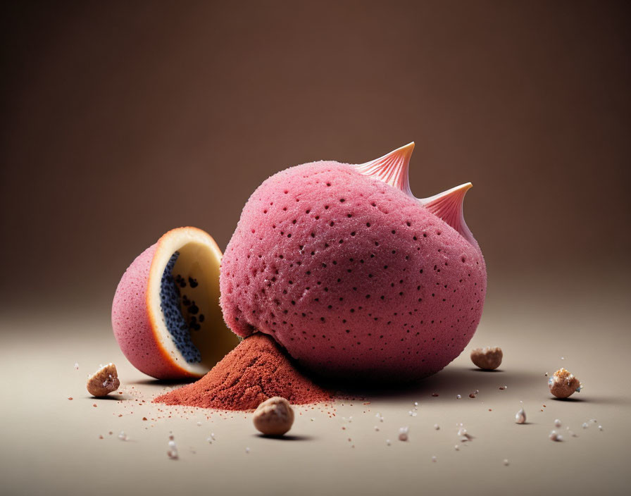 Pink Fish-Shaped Dessert with Golden Interior on Cocoa Powder Bed