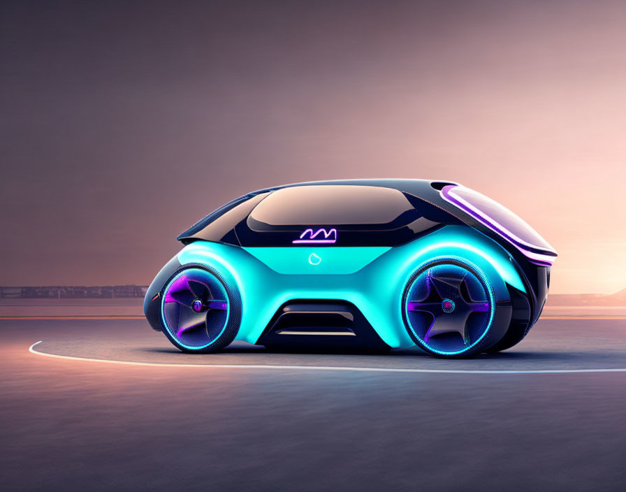 Futuristic Car with Glowing Blue and Purple Wheels on Dusk Skyline