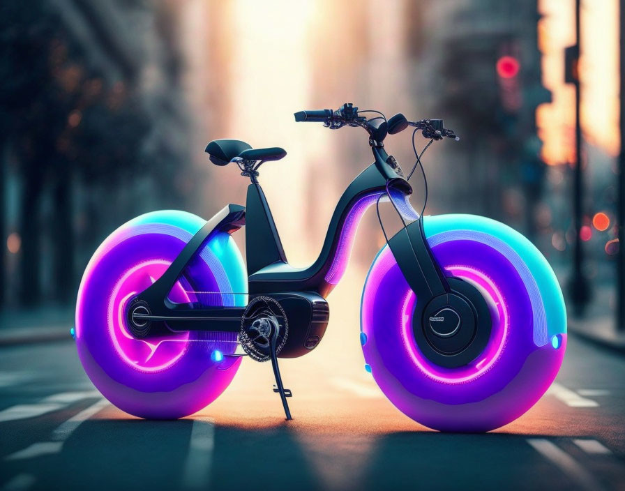 Futuristic electric scooter with neon wheels on city street at dusk