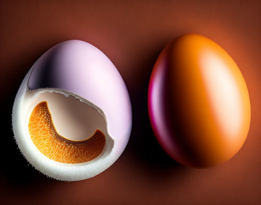 Stylized cracked egg with orange slice, gradient egg on brown surface