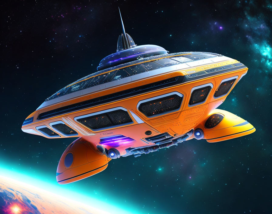 Futuristic orange and gold spacecraft in space with colorful nebula