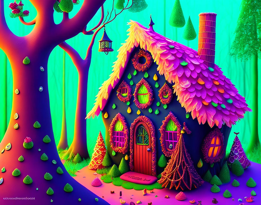 Colorful Cottage Illustration in Vibrant Forest Setting