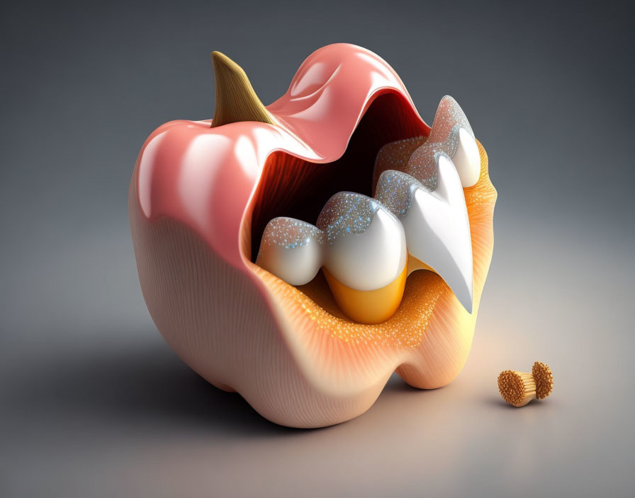 Stylized 3D illustration of apple with human-like teeth and glossy finish