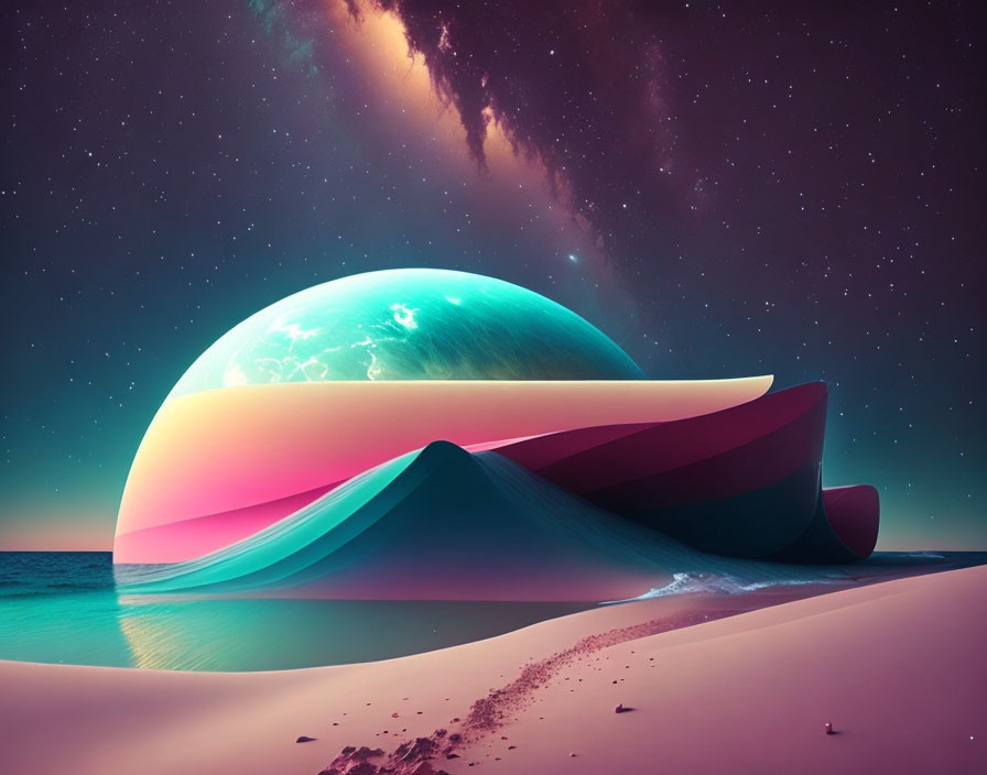 Vibrant surreal landscape with wave-like structure and glowing planet