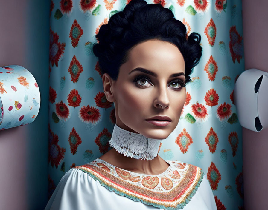 Elaborate hairstyle and makeup on woman in white dress with embroidered details