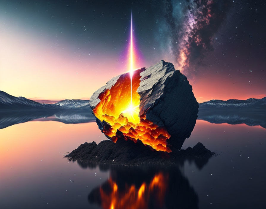 Surreal landscape with bisected floating rock and glowing core