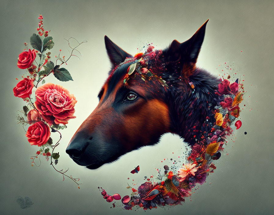 Colorful floral German Shepherd art against neutral background