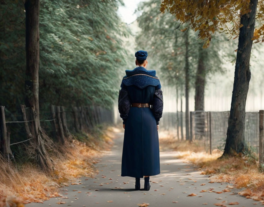 Person in Blue Coat and Hat on Forest Path with Autumn Leaves