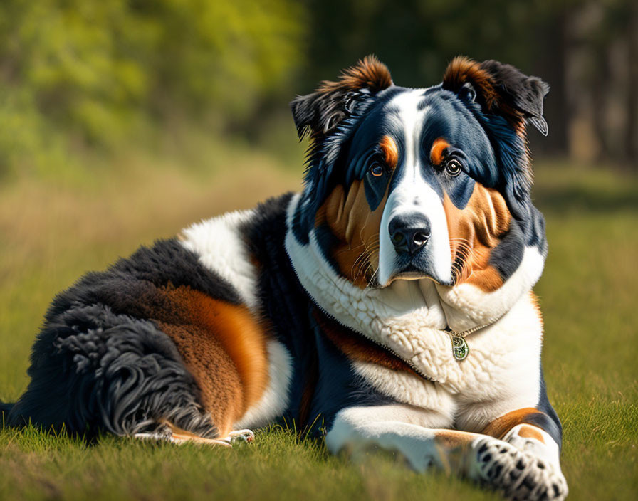 Tricolor Bernese Mountain Dog with glossy coat resting on grass