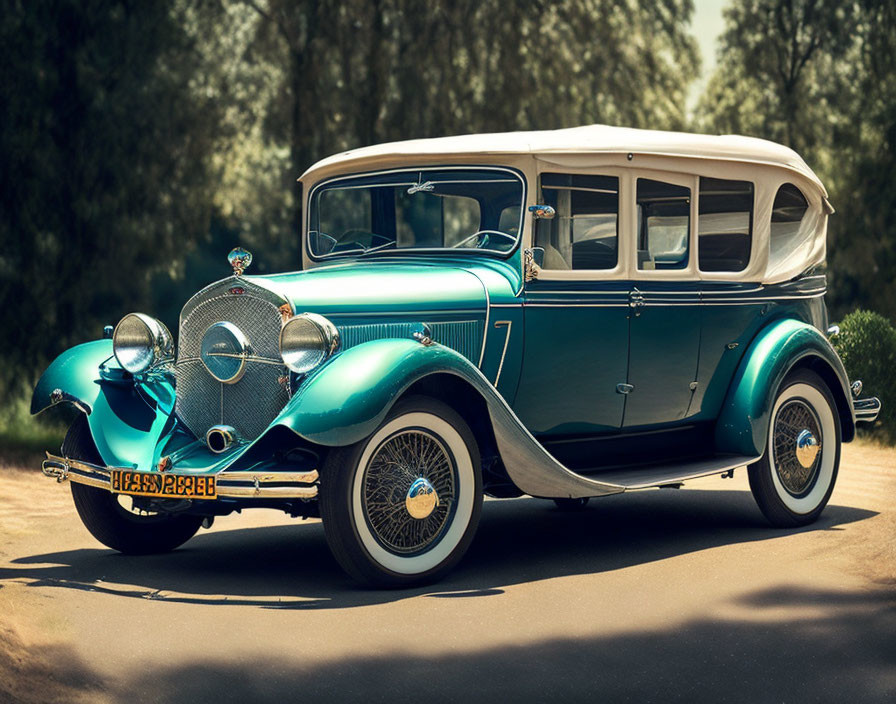 Vintage Blue Car with White-Wall Tires and Round Headlights