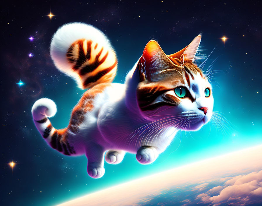 Orange and white tabby cat floating in space above Earth's atmosphere surrounded by stars