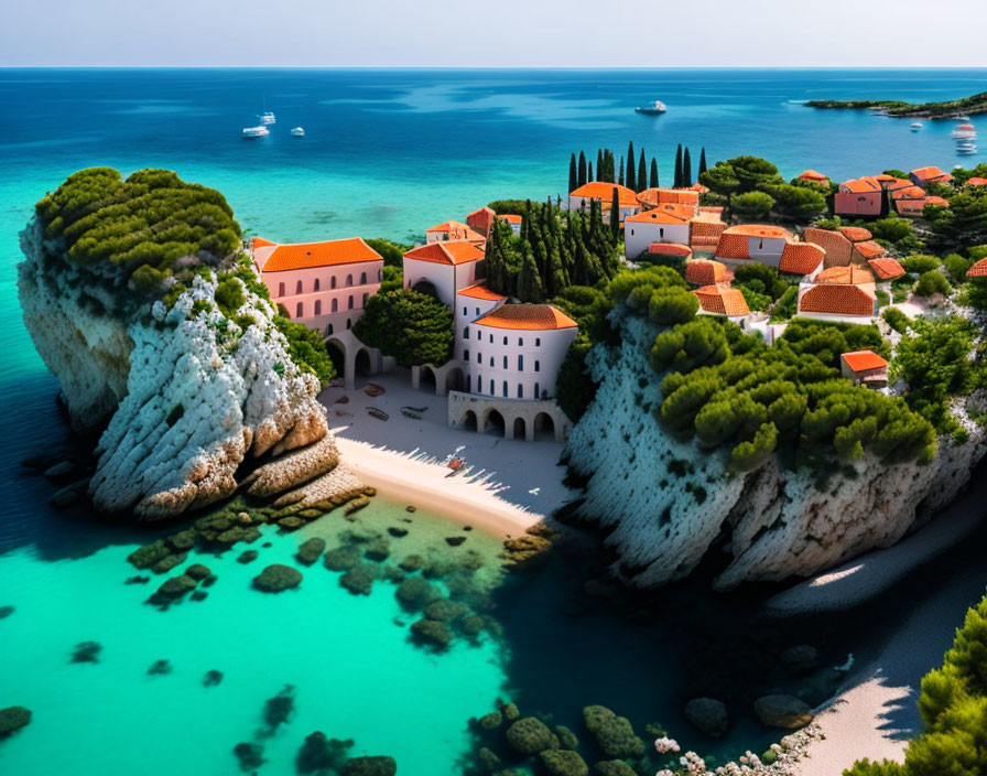 Coastal Village with Terracotta-Roofed Buildings and Turquoise Waters