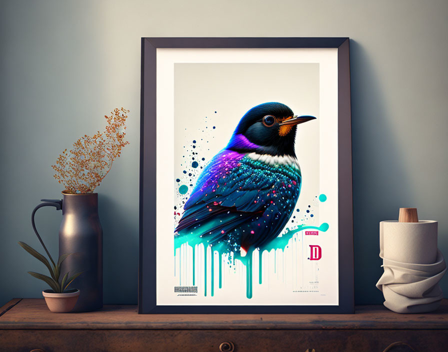 Colorful bird illustration next to vase, plants, and mug on wooden shelf