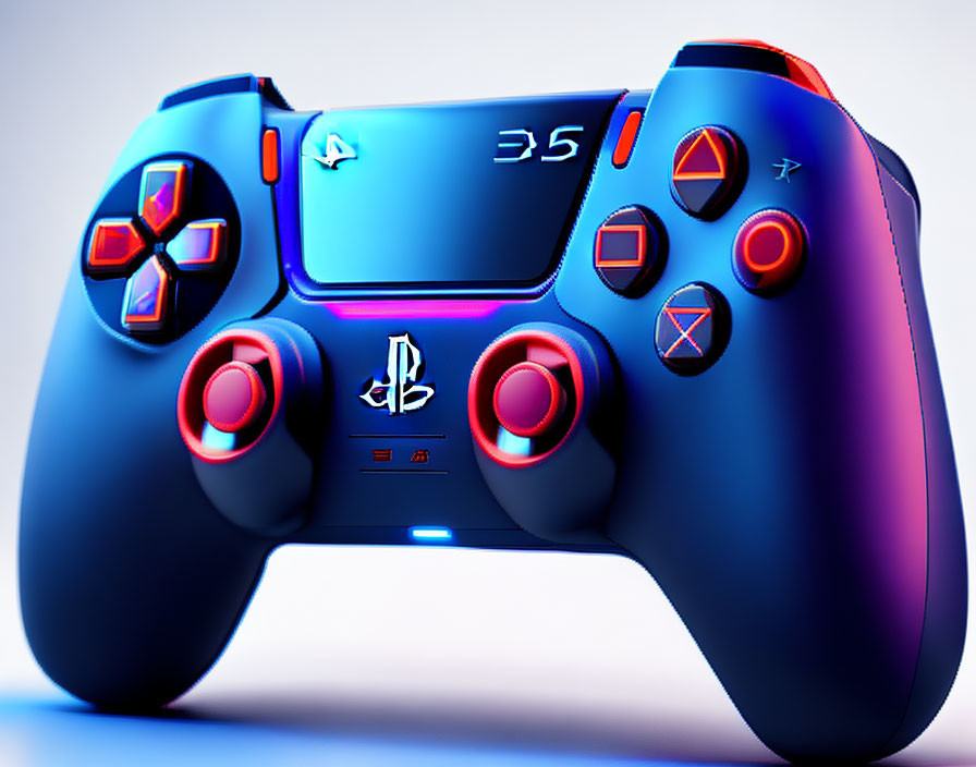 Vibrant neon-lit PlayStation 5 controller with blue and red backlighting