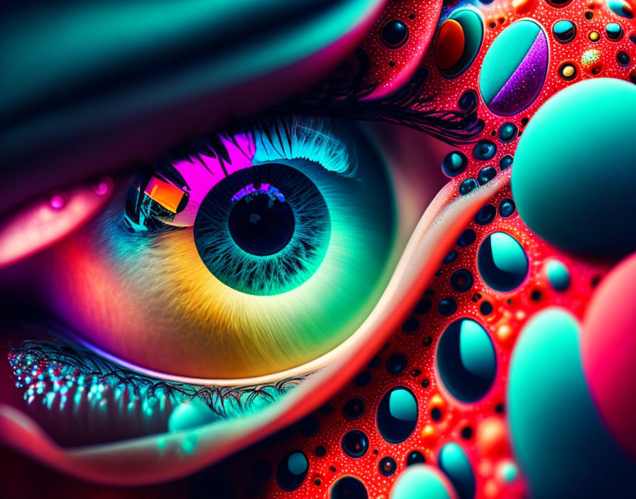 Colorful digital artwork: Close-up eye with multicolored bubbles