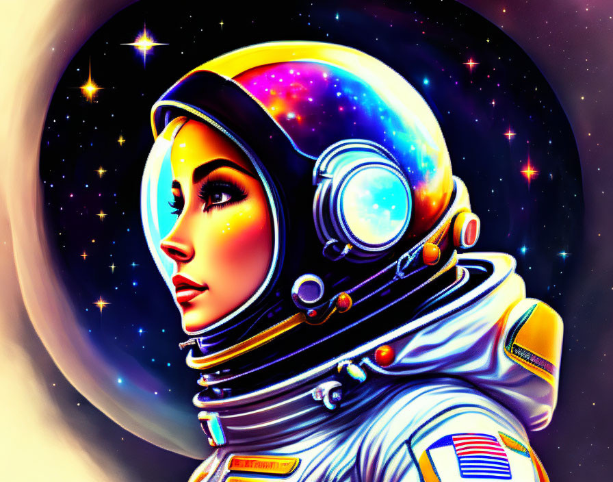 Female astronaut illustration with cosmic vista reflection in visor