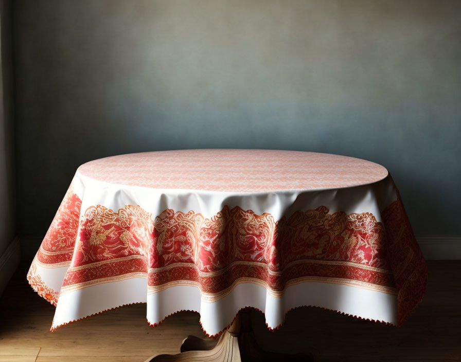 Round table with red and white tablecloth in elegant room.