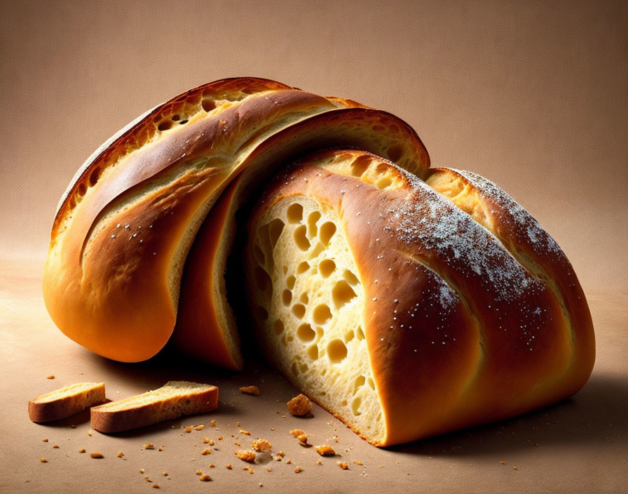 Freshly Baked Sliced Loaf of Bread with Golden Crust on Beige Background