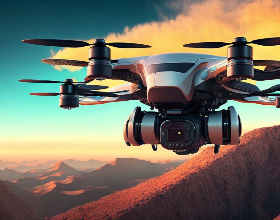 Drone with Camera Flying over Mountainous Terrain at Sunset